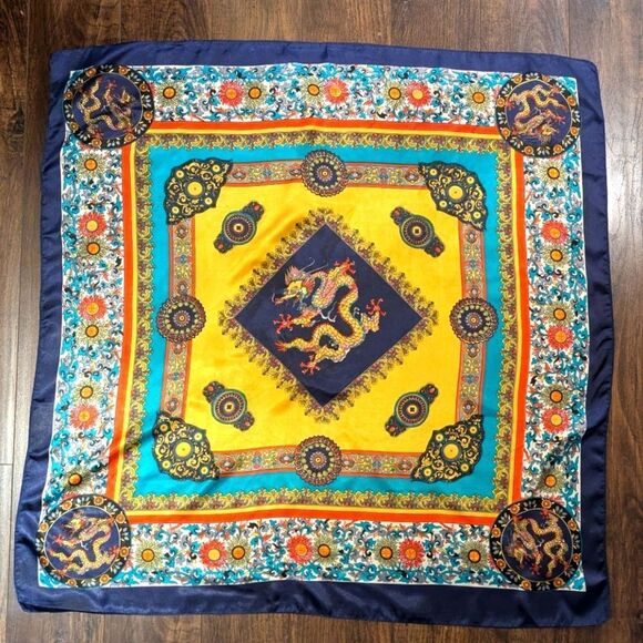 EUC 34"x34" Chinese Dragon Blue Red and Gold Square Scarf - Picture 1 of 4